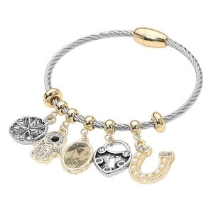 Metal Clover Coin Heart Lock Hamsa Hand Pearl Horseshoe Charm Beaded Bracelet